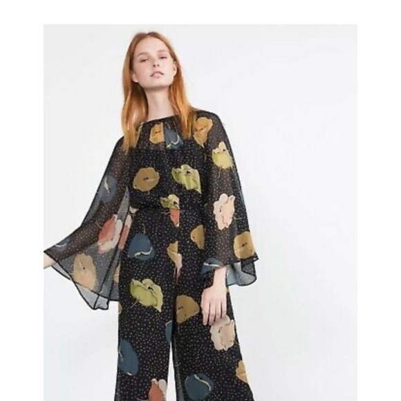 Zara Bloggers Favorite Black Bell Sleeve Wide Leg Cropped Print Jumpsuit XS - Picture 13 of 14